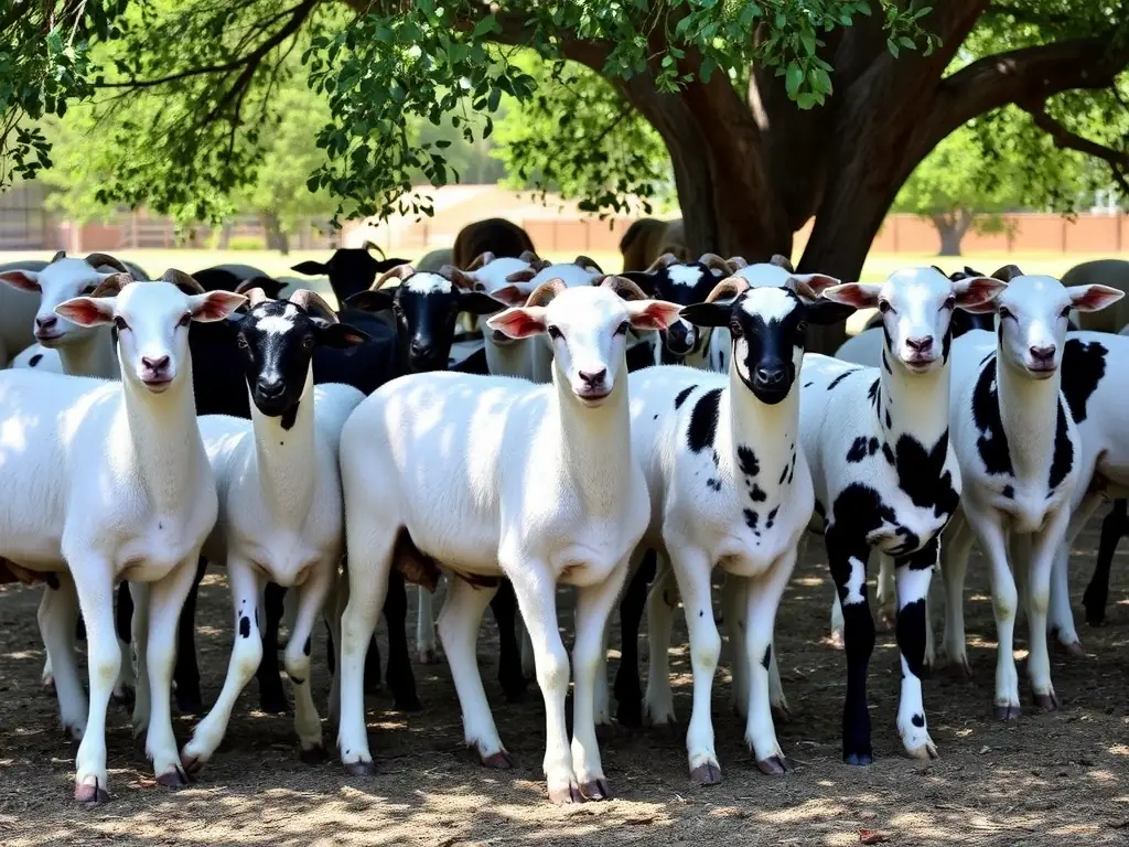 A medium shot of a group of Dorper ewes (female sheep) with varying coat patterns (some white, some black and white) standing in a shaded area of Ochoa Ranch. The ewes appear calm and healthy, indicating good breeding stock.