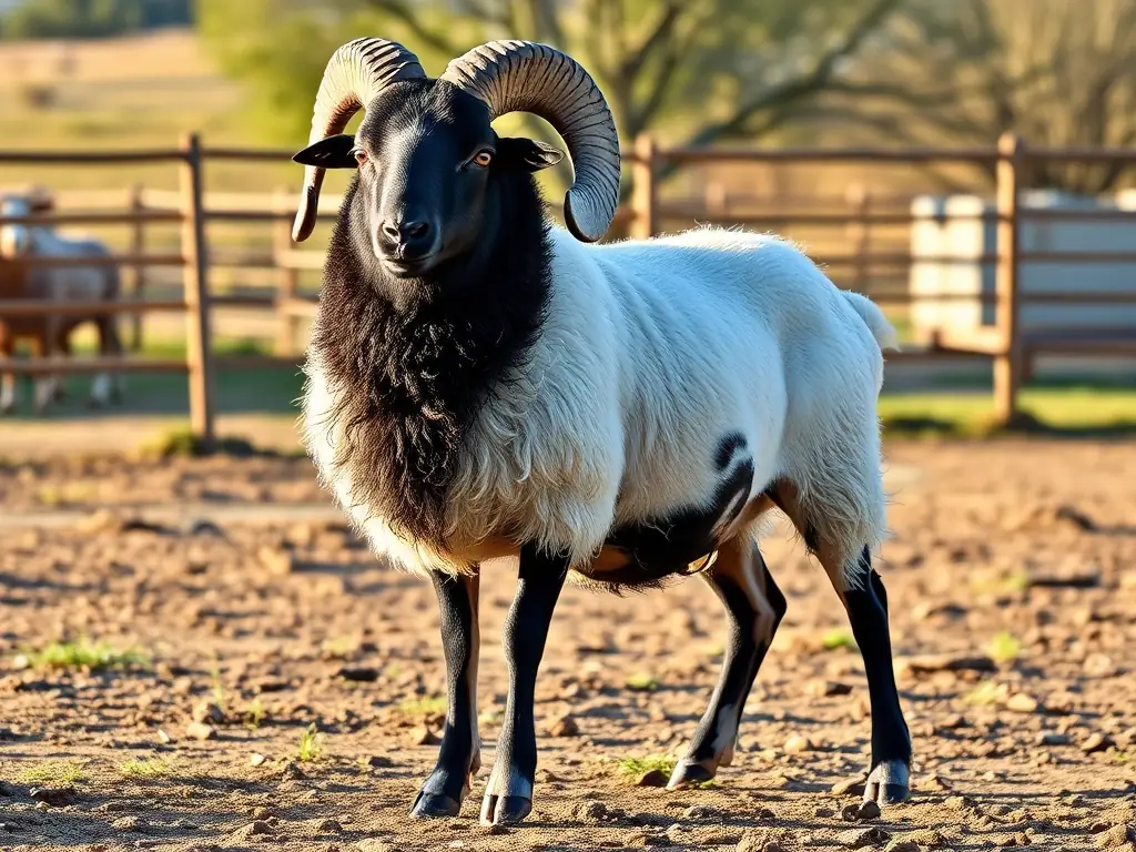 A wide shot of a robust Dorper ram (male sheep) with a striking black head and white body, standing proudly in a fenced area of Ochoa Ranch. The ram's muscular build and confident stance highlight its quality as a breeding animal.