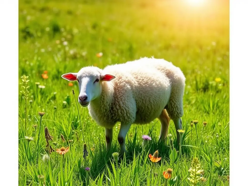 A close-up shot of a young Dorper lamb with a predominantly white coat and black head, grazing in a lush green pasture at Ochoa Ranch. The lamb appears healthy and well-fed, showcasing the ranch's commitment to quality.