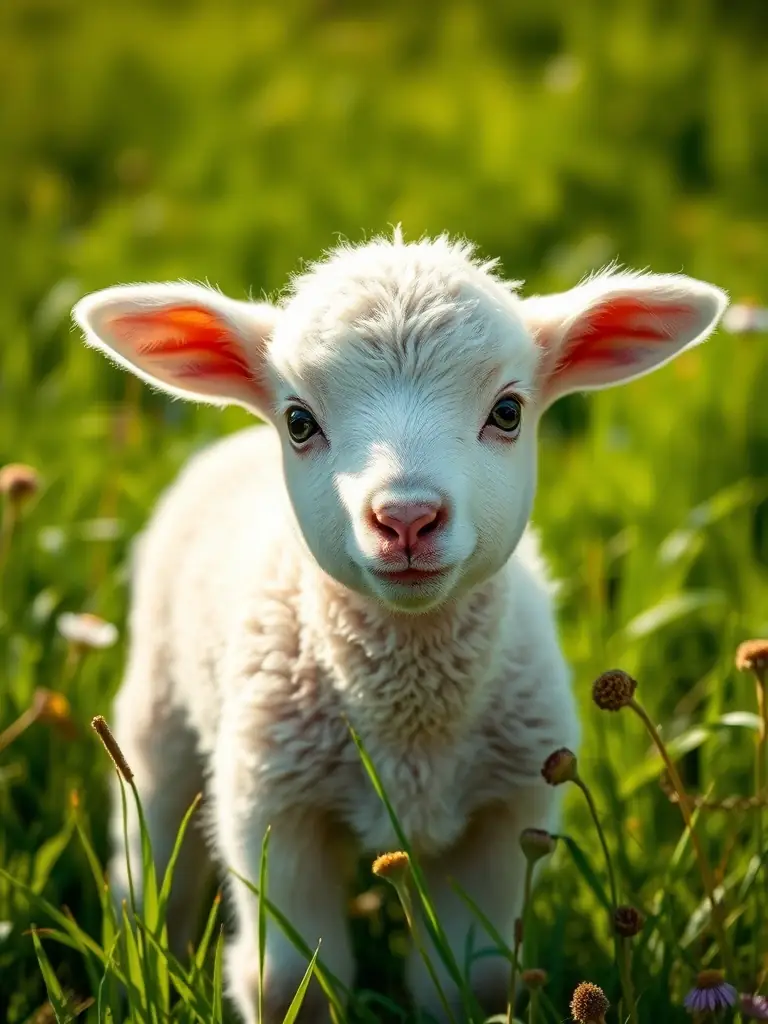 A young Dorper lamb, approximately 6 months old, standing in a grassy field at Ochoa Ranch, showcasing its healthy coat and playful demeanor.