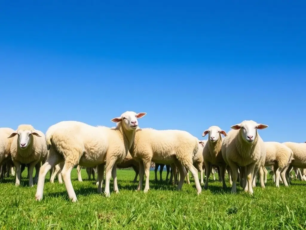 A close-up shot of a healthy Dorper lamb grazing in a lush pasture at Ochoa Ranch, showcasing its robust build and healthy coat.